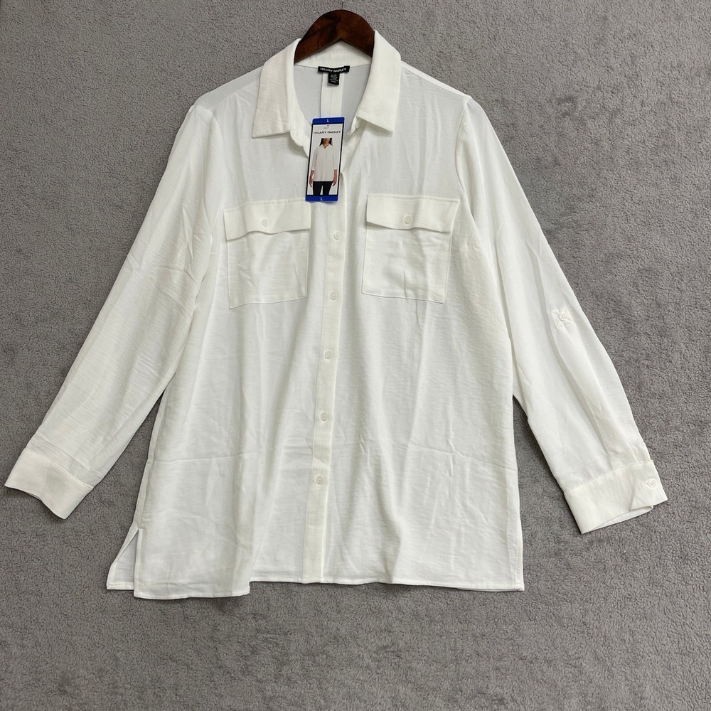 NEW Hilary Radley Women's L White Button Down Long Sleeve Shirt Top Polyester - Picture 3 of 11